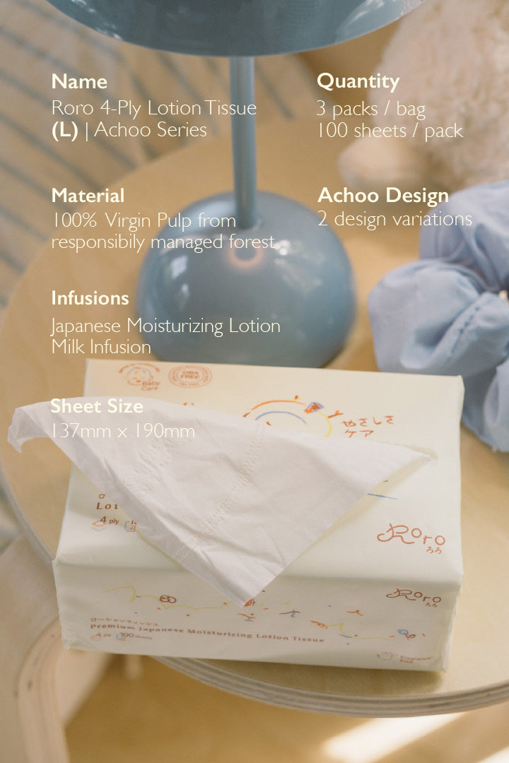 Roro 4-Ply Japanese Lotion Tissue (L) | Achoo Series | 100 Sheets x 3 Packs