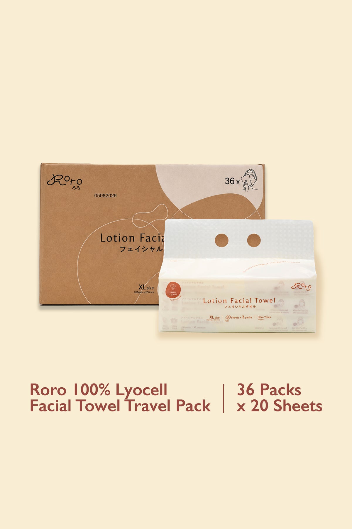 Roro 100% Lyocell Facial Towel Carton Travel Size 20 Sheets x 36 Packs